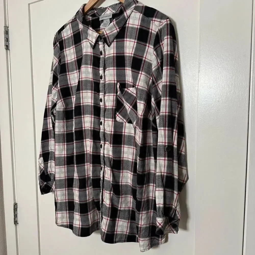 Catherines Top Womens Sz 1x Plaid Flannel Button Up Long Sleeve Casual Office